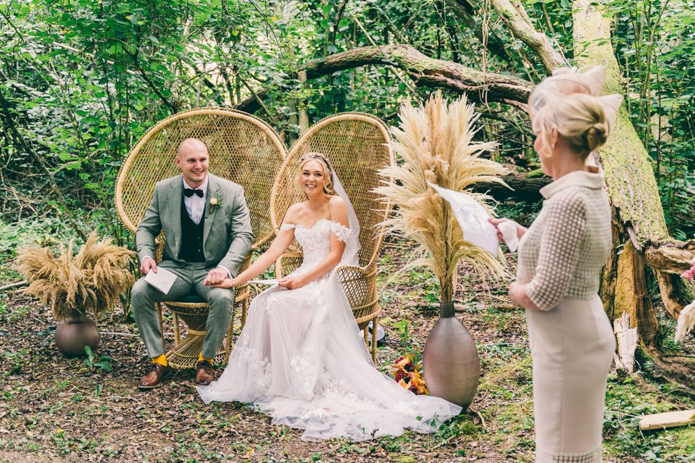 Peacock Chairs Ceremony Woodland Surrey Farm Wedding Rob Tarren Photography