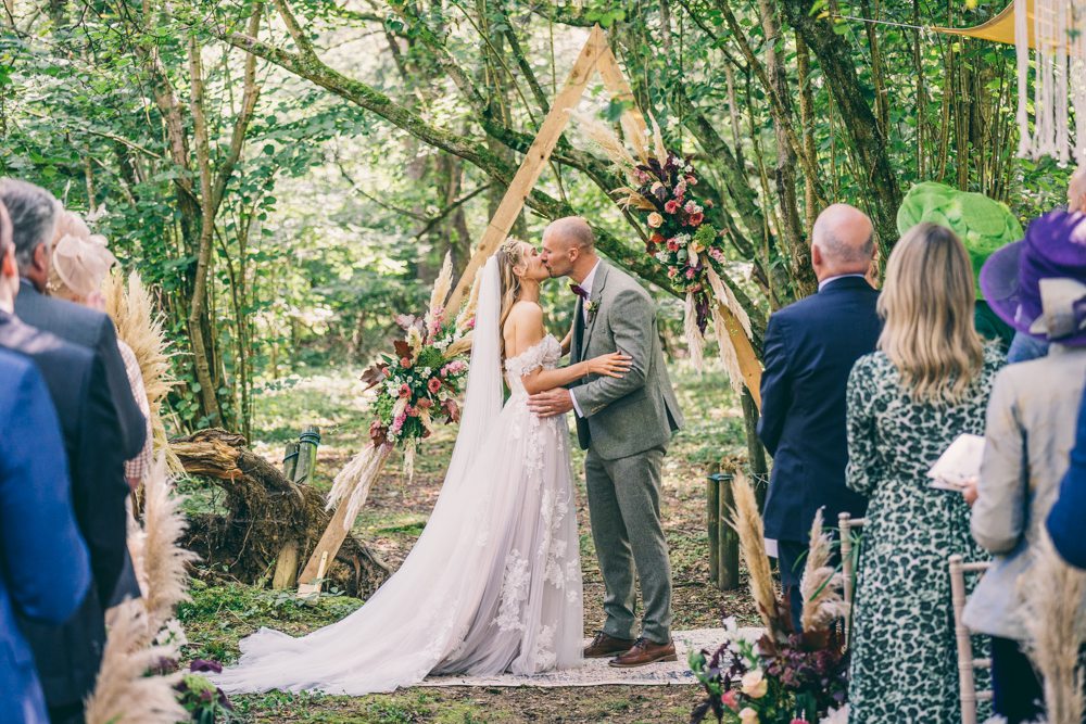 Woodland Ceremony Rug Aisle Pampas Grass Triangle Arch Backdrop Surrey Farm Wedding Rob Tarren Photography
