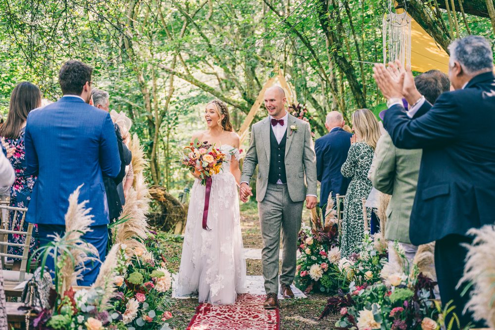 Woodland Ceremony Rug Aisle Pampas Grass Triangle Arch Backdrop Surrey Farm Wedding Rob Tarren Photography