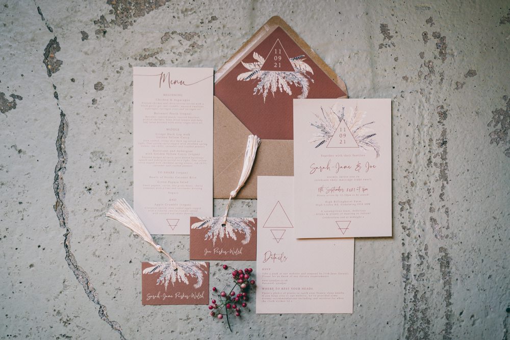 Terracotta Tassel Stationery Invite Invitations Surrey Farm Wedding Rob Tarren Photography