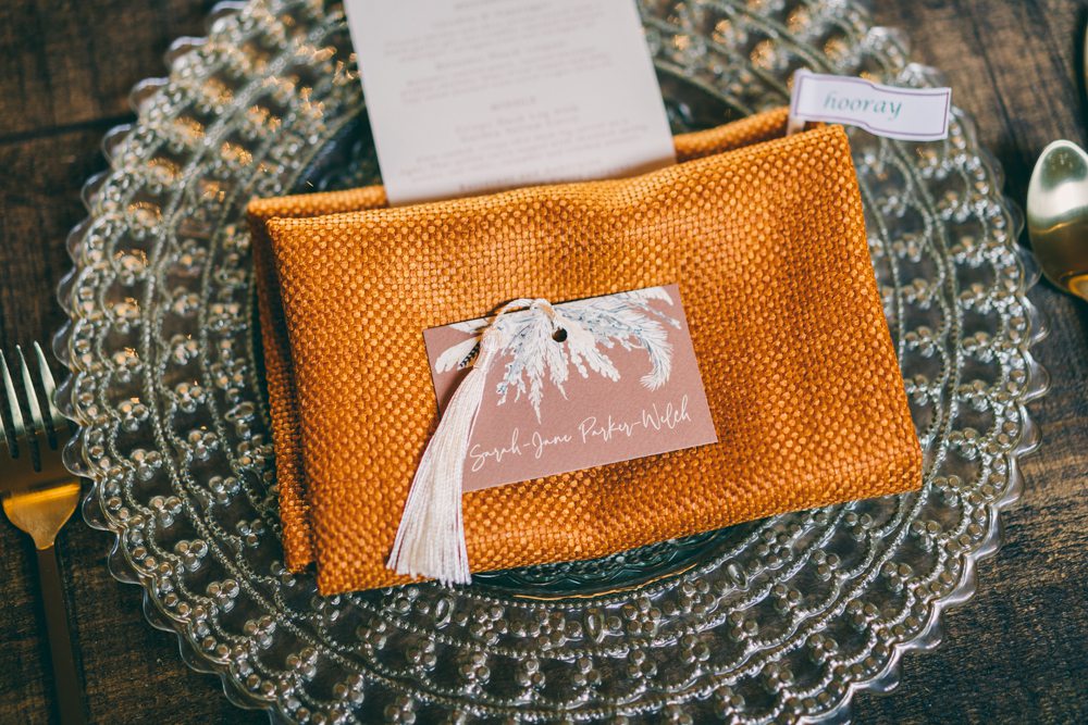 Terracotta Tassel Stationery Place Name Card Orange Napkin Surrey Farm Wedding Rob Tarren Photography