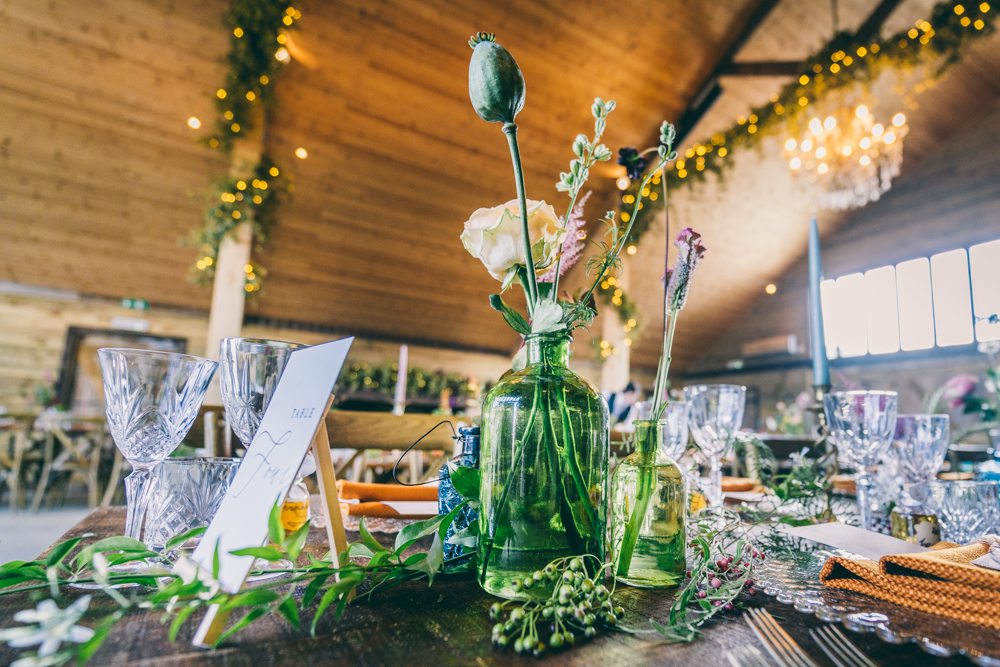 Bottle Flowers Centrpiece Surrey Farm Wedding Rob Tarren Photography