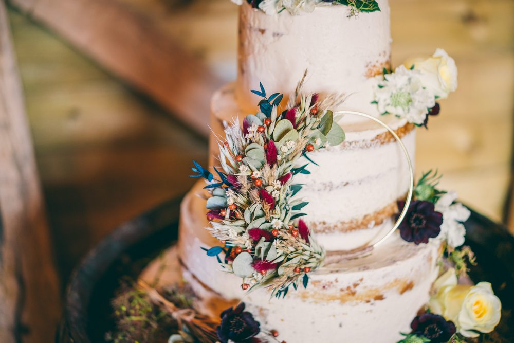 Semi Naked Cake Flowers Surrey Farm Wedding Rob Tarren Photography