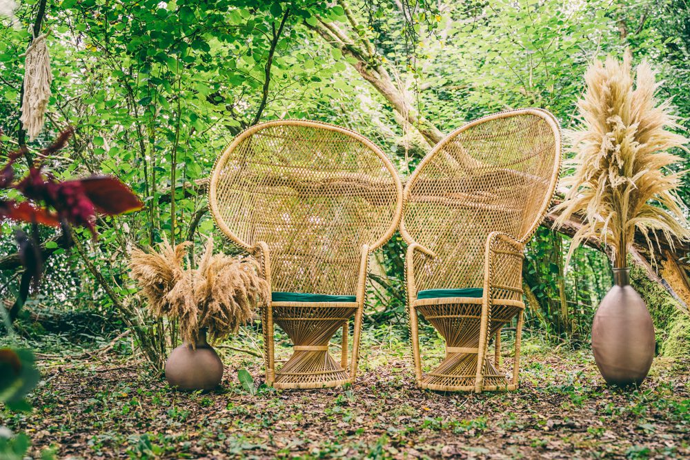 Peacock Chairs Ceremony Woodland Surrey Farm Wedding Rob Tarren Photography