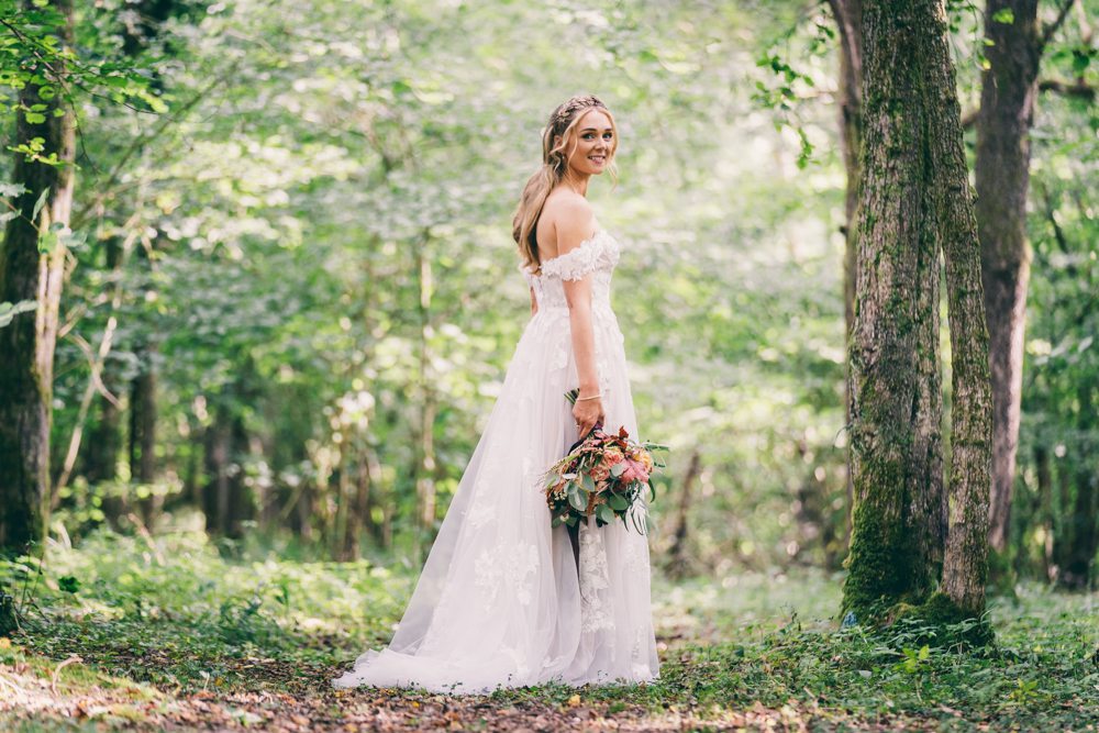 Dress Gown Off Shoulder Lace Boho Bride Bridal Surrey Farm Wedding Rob Tarren Photography