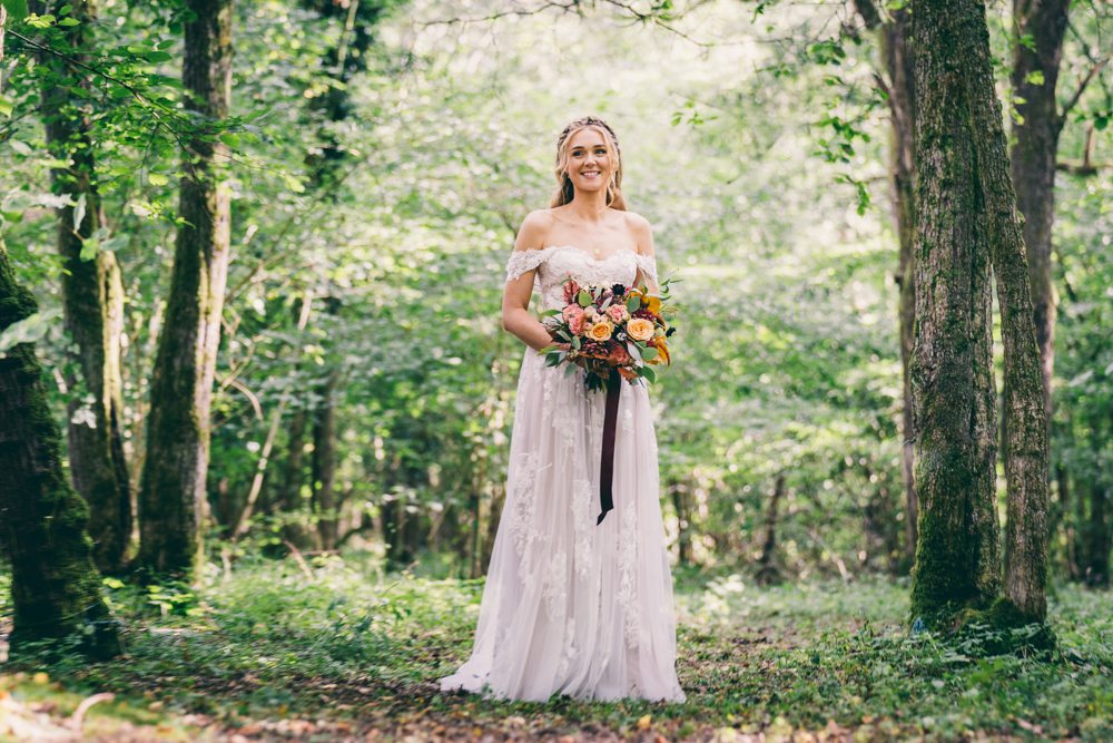 Dress Gown Off Shoulder Lace Boho Bride Bridal Surrey Farm Wedding Rob Tarren Photography