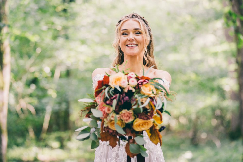 Bouquet Flowers Bride Bridal Orange Red Roses Surrey Farm Wedding Rob Tarren Photography