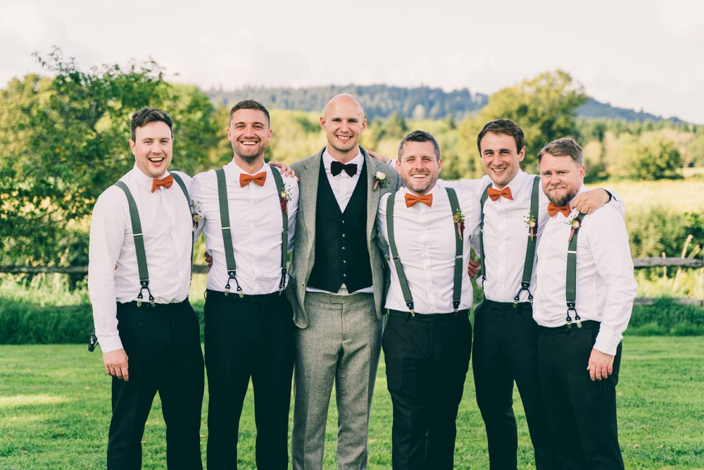 Groom Grey Suit Red Bow Tie Groomsmen Braces Surrey Farm Wedding Rob Tarren Photography