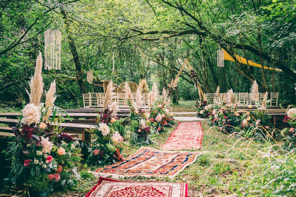 Woodland Ceremony Rug Aisle Pampas Grass Triangle Arch Backdrop Surrey Farm Wedding Rob Tarren Photography
