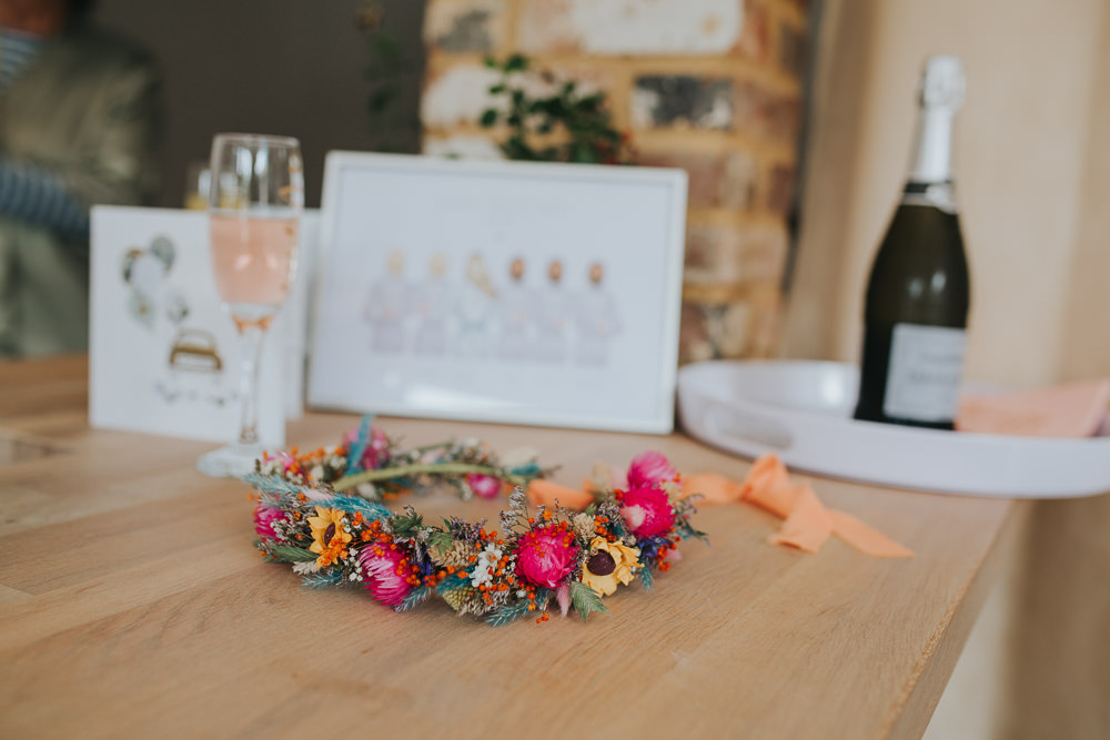 Pink Yello Flower Crown Bride Sussex Tipi Wedding Charlotte Razzell Photography