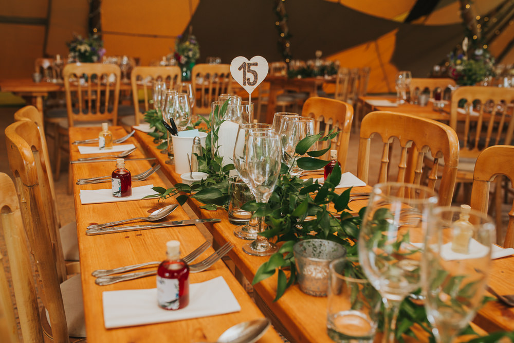 Long Rustic Wooden Tables Vase Flowers Decor Sussex Tipi Wedding Charlotte Razzell Photography