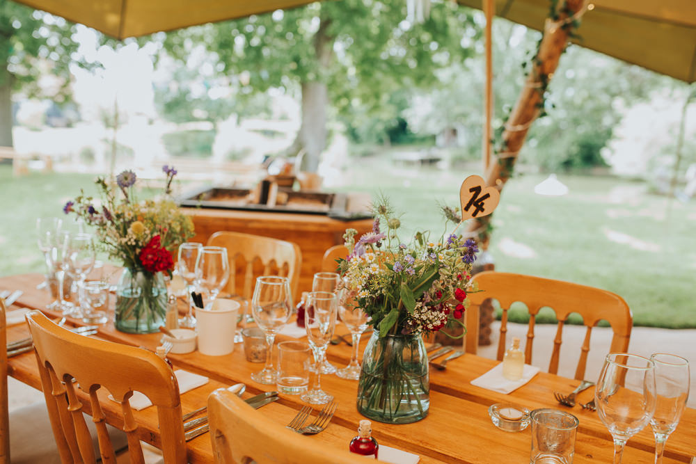 Long Rustic Wooden Tables Vase Flowers Decor Sussex Tipi Wedding Charlotte Razzell Photography