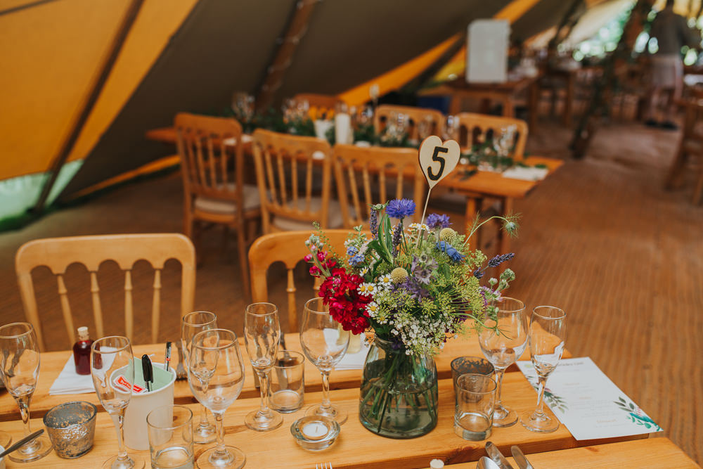 Long Rustic Wooden Tables Vase Flowers Decor Sussex Tipi Wedding Charlotte Razzell Photography