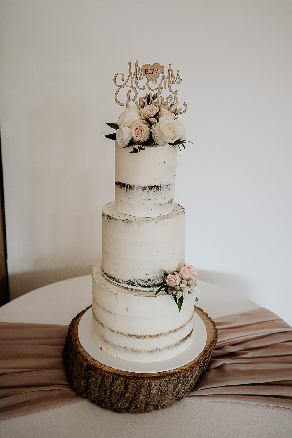 Tall Three Tier Semi Naked Cake Wooden Topper Swancar Farm Wedding MattMoore Photography