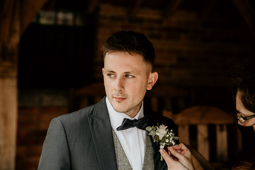 Groom Suit Grey Waistcoat Bow Tie Swancar Farm Wedding MattMoore Photography