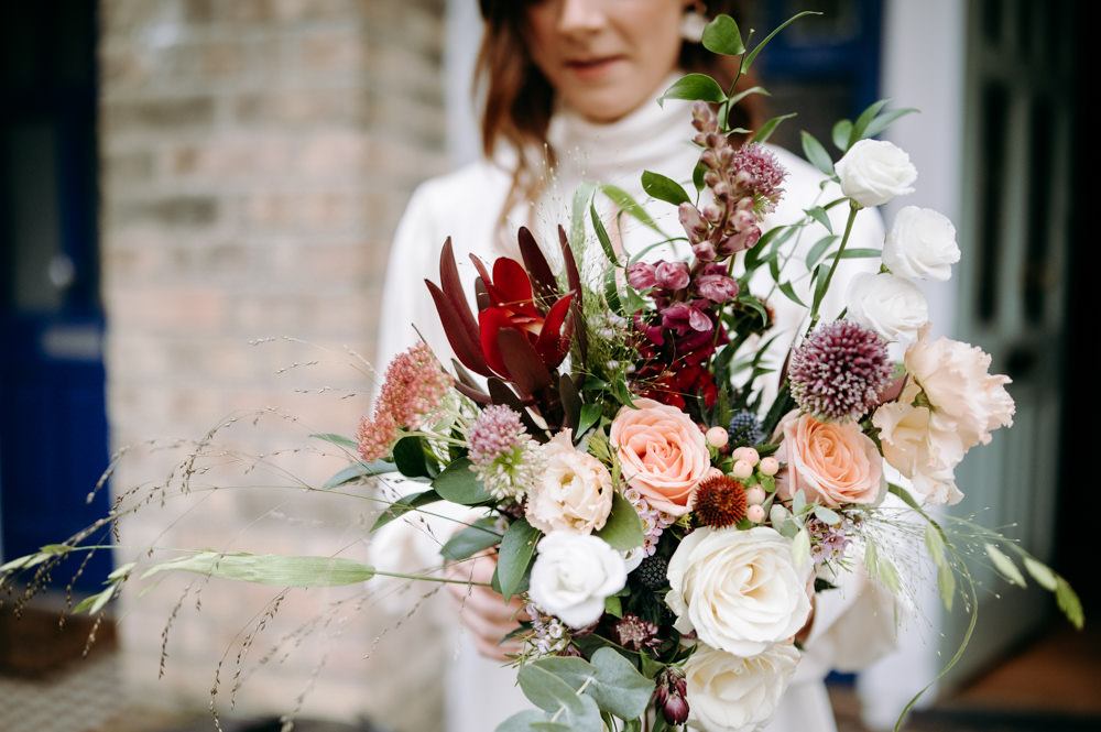 Bouquet Flowers Bride Bridal Rose Protea Red Pink Wandsworth Town Hall Wedding Andrew Brannan Photography