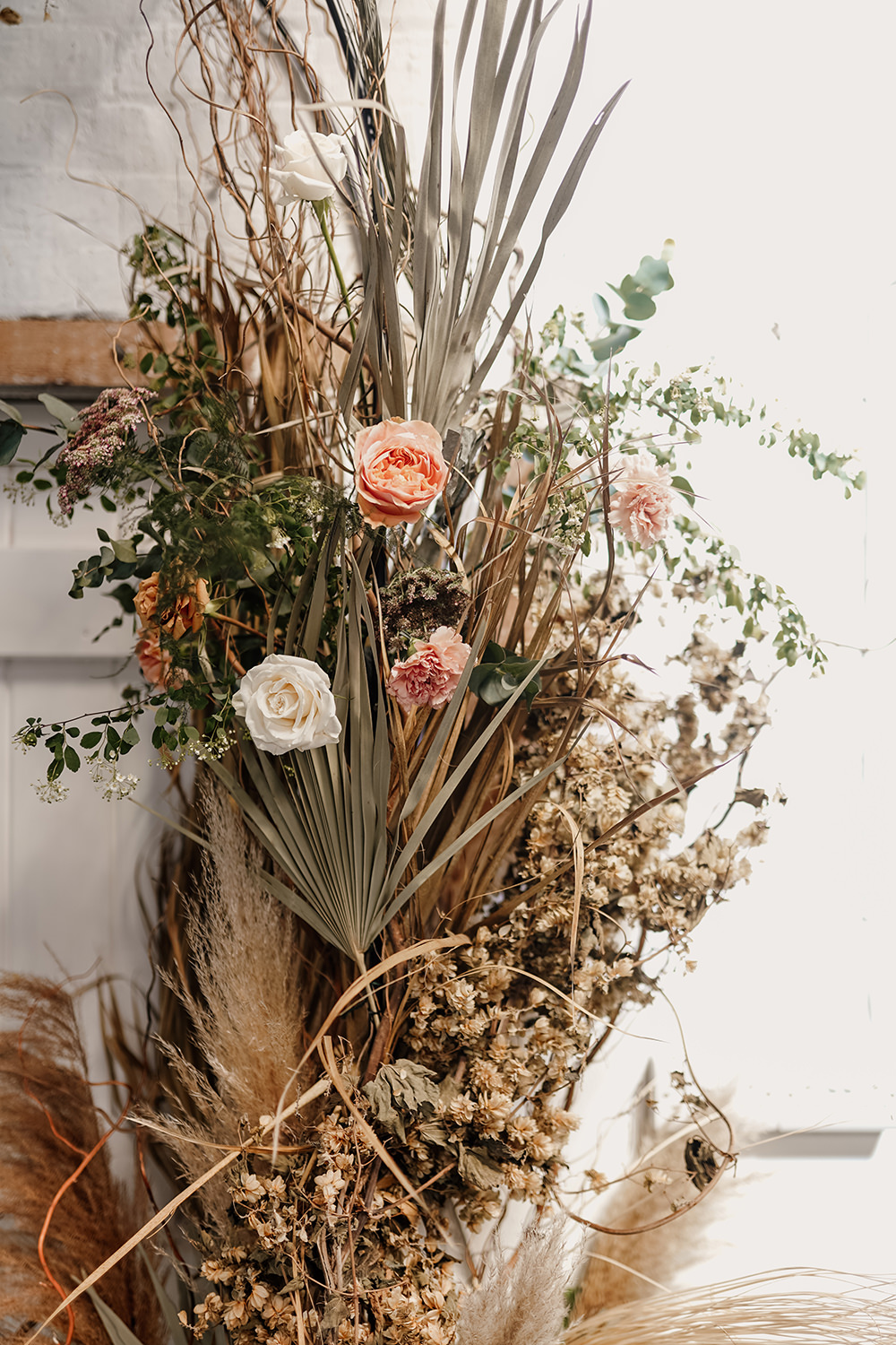 Dried Flowers Pampas Grass Orange Rose Arrangement Arch Backdrop White Syke Fields Wedding Sam Sparks Photo