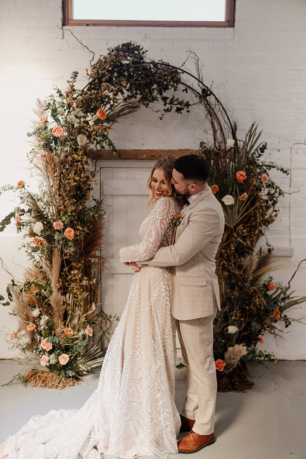 Dried Flowers Pampas Grass Orange Rose Arrangement Arch Backdrop White Syke Fields Wedding Sam Sparks Photo