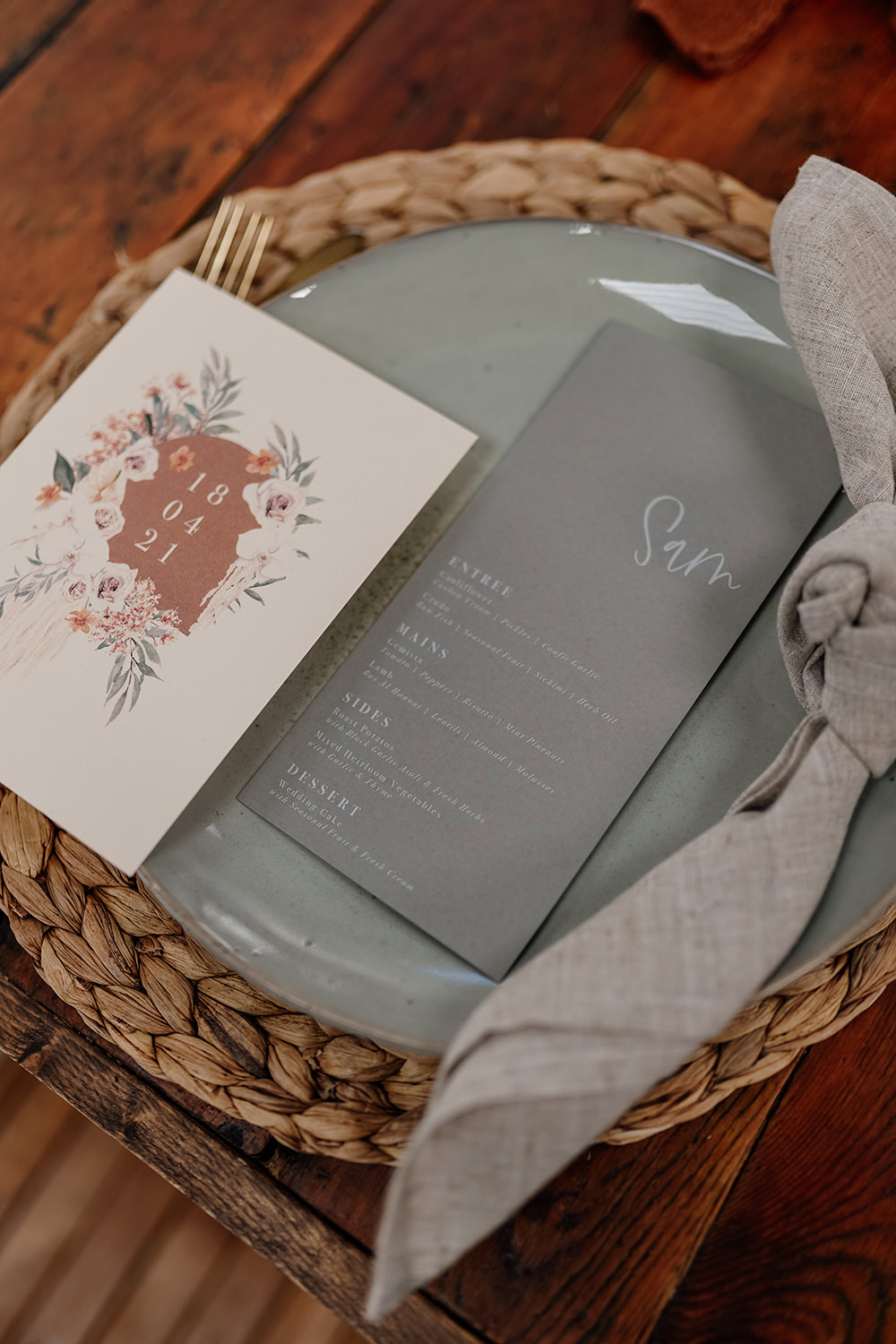Place Setting Menu Stationery Rattan Place Mat White Syke Fields Wedding Sam Sparks Photo
