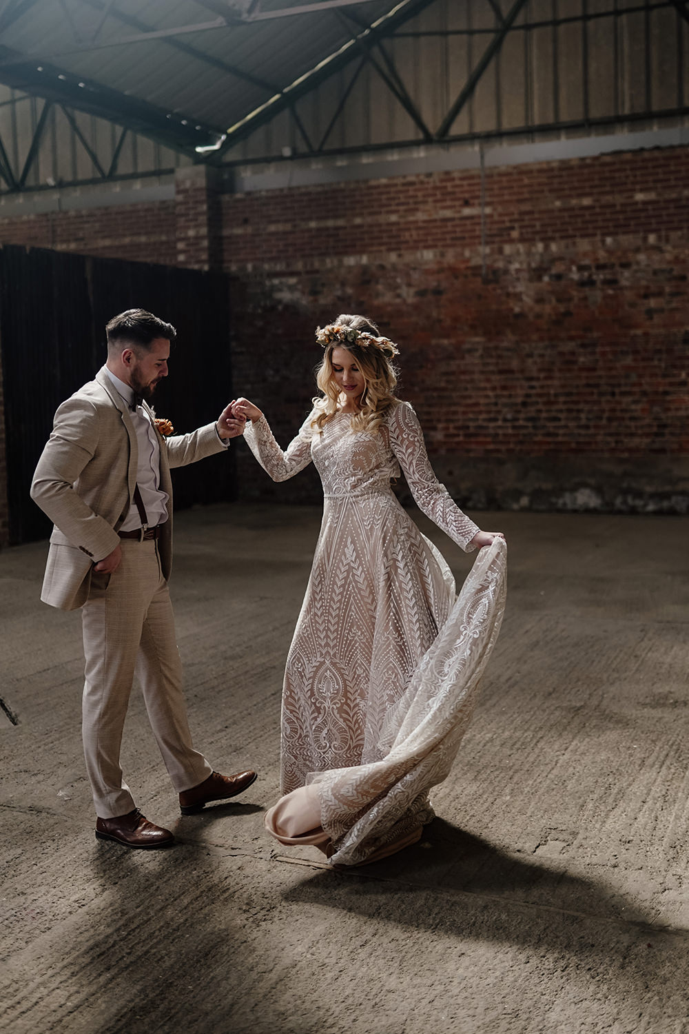Dress Gown Bride Bridal Long Sleeve Lace Train Boho White Syke Fields Wedding Sam Sparks Photo