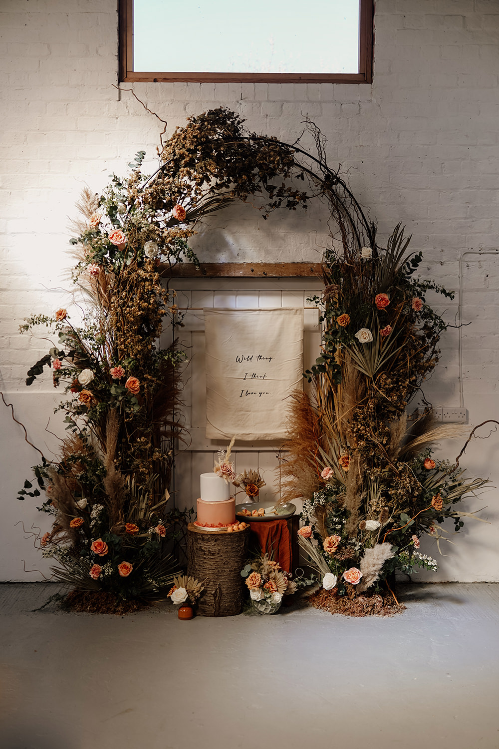 Dried Flowers Pampas Grass Orange Rose Arrangement Arch Backdrop Cake Table White Syke Fields Wedding Sam Sparks Photo