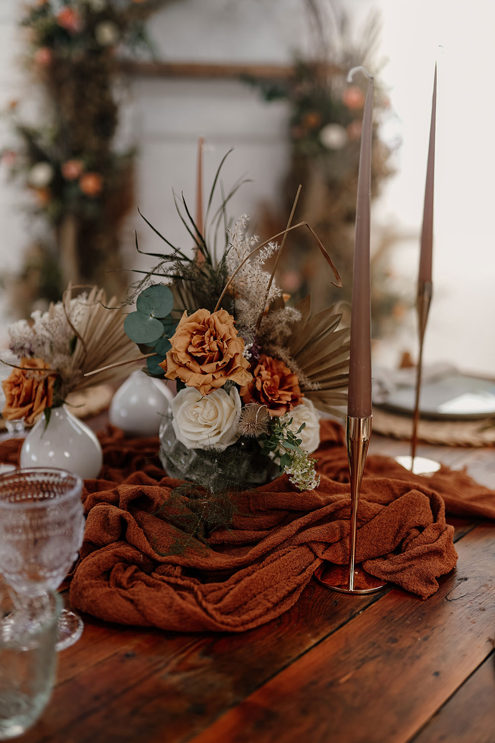Table Decor Rust Cloth Brown Candles Gold Candlesticks Flowers White Syke Fields Wedding Sam Sparks Photo