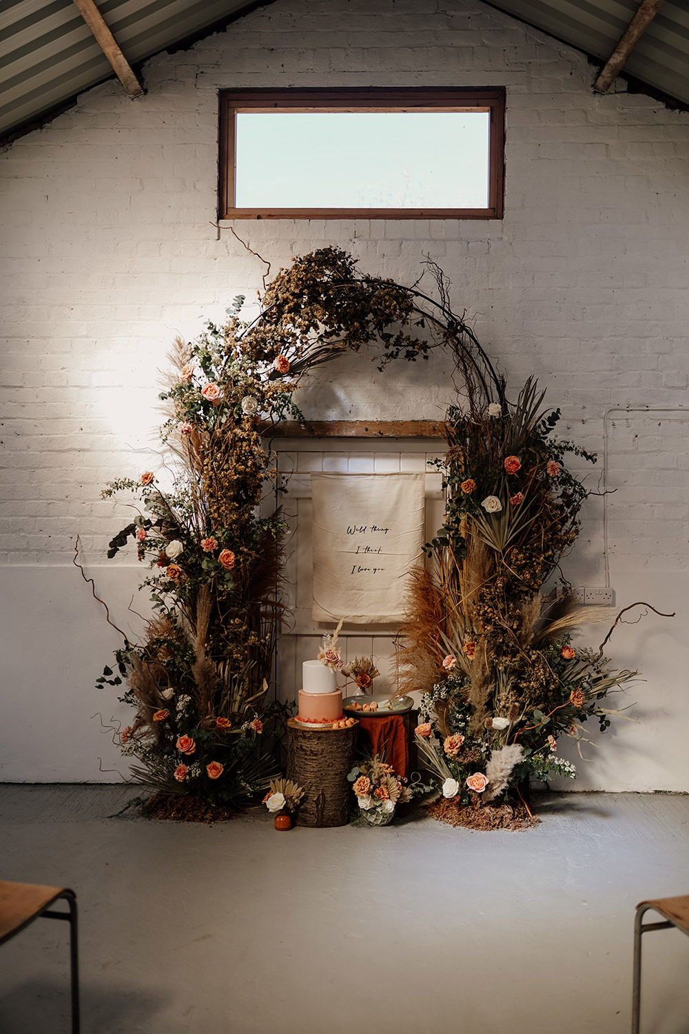 Dried Flowers Pampas Grass Orange Rose Arrangement Arch Backdrop White Syke Fields Wedding Sam Sparks Photo