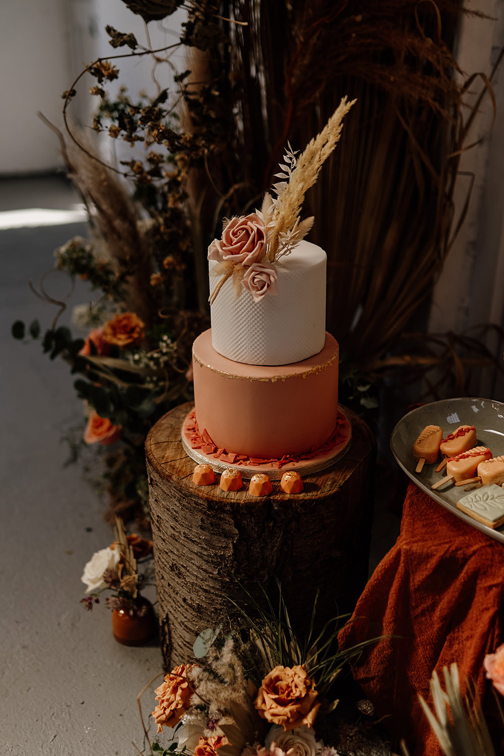 Two Tier Cake Orange Dried Flowers White Syke Fields Wedding Sam Sparks Photo