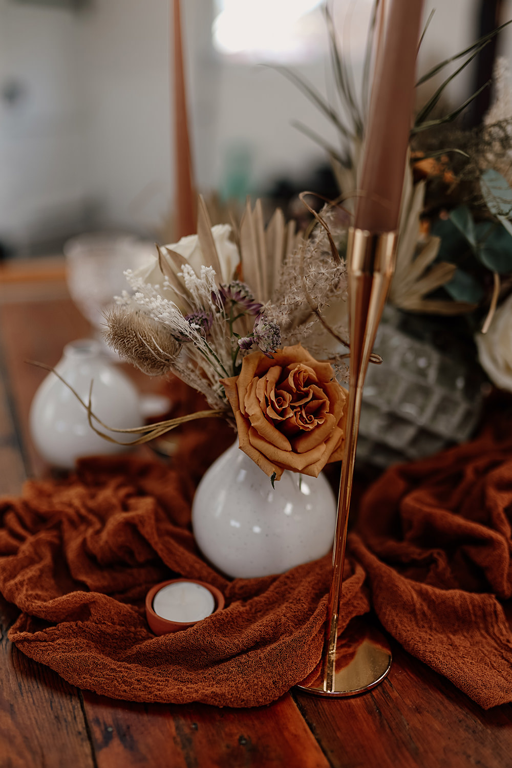 Table Decor Rust Cloth Brown Candles Gold Candlesticks Flowers White Syke Fields Wedding Sam Sparks Photo