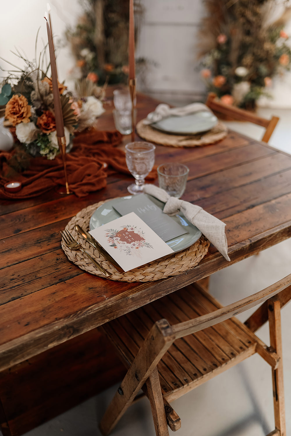 Table Decor Rust Cloth Brown Candles Gold Candlesticks Flowers White Syke Fields Wedding Sam Sparks Photo