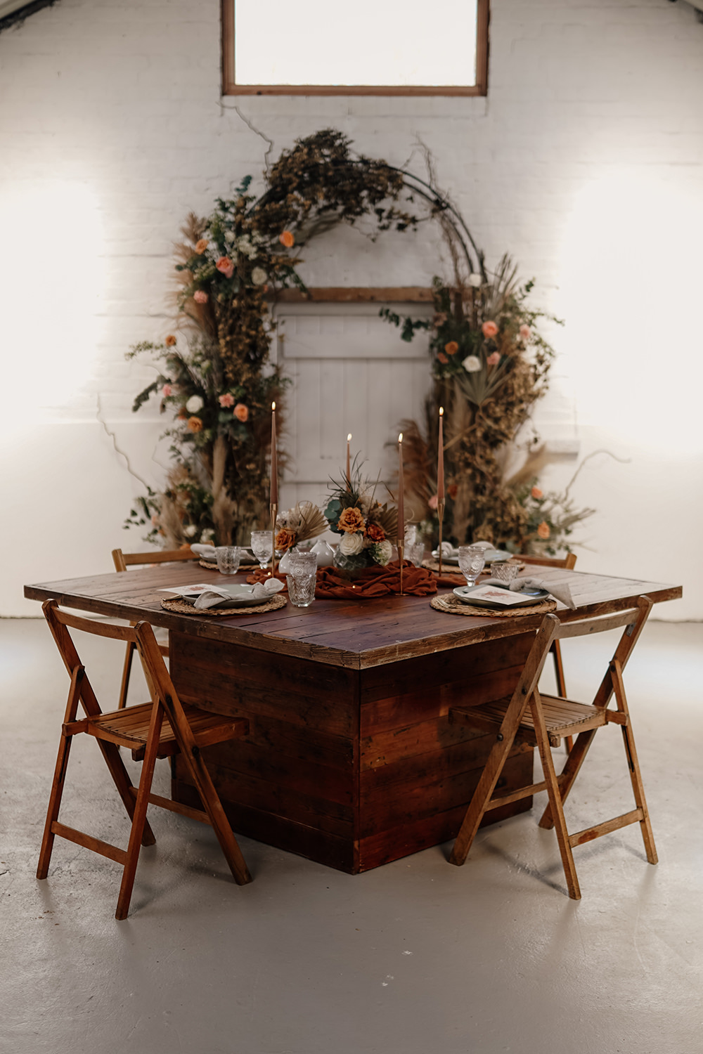 Sweetheart Table Dried Flowers Pampas Grass Orange Rose Arrangement Arch Backdrop White Syke Fields Wedding Sam Sparks Photo