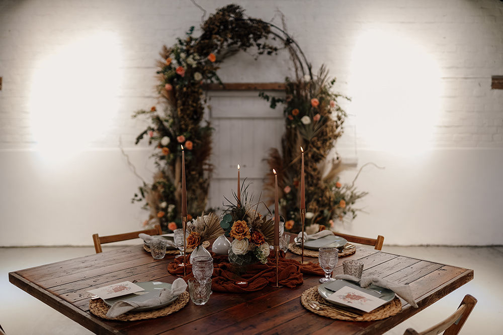 Table Decor Rust Cloth Brown Candles Gold Candlesticks Flowers White Syke Fields Wedding Sam Sparks Photo
