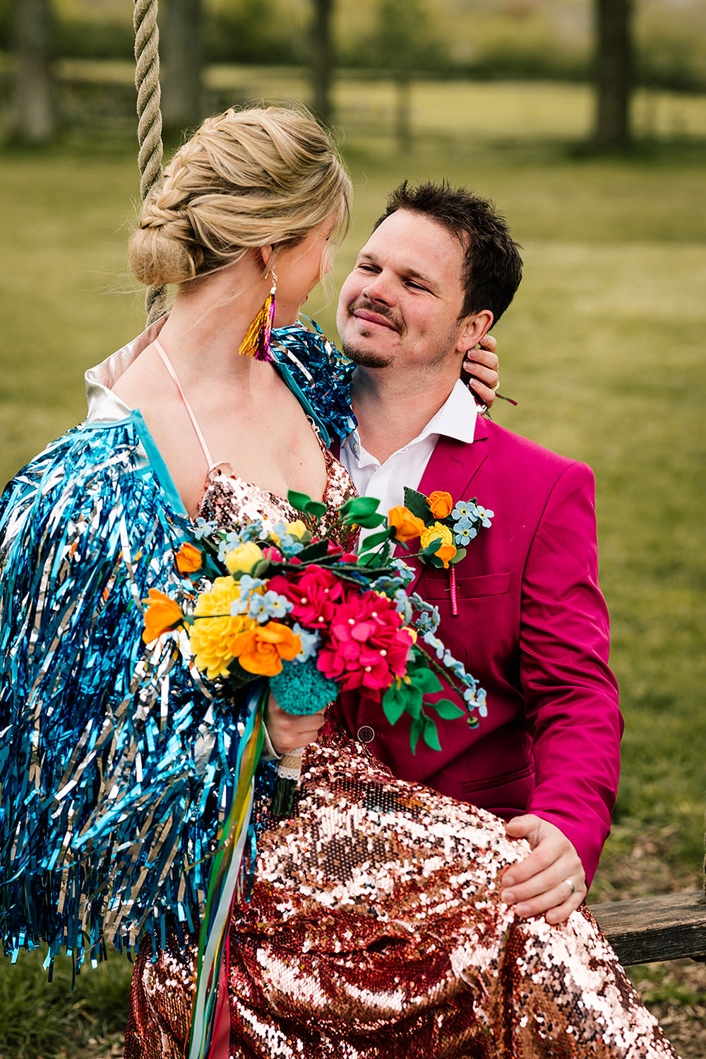 Bride Gold Sequin Dress Blue Tinsel Jacket Yoghurt Rooms Wedding Teddy Pig Photography