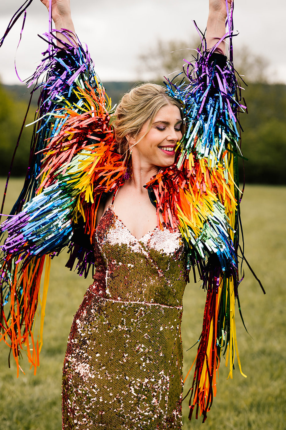Bride Gold Sequin Dress Rainbow Tinsel Jacket Yoghurt Rooms Wedding Teddy Pig Photography