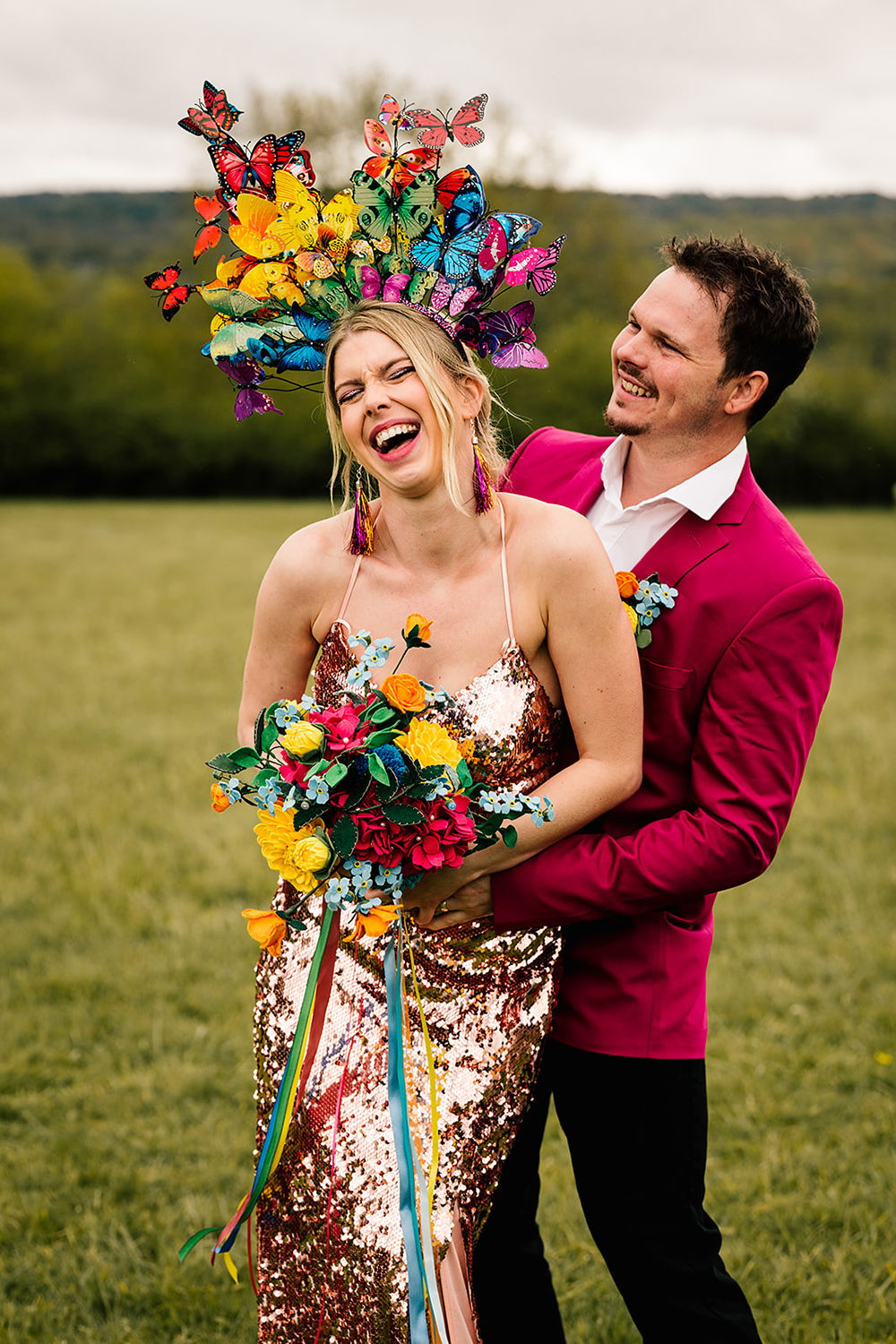 Bride Gold Sequin Dress Butterfly Headdress Yoghurt Rooms Wedding Teddy Pig Photography