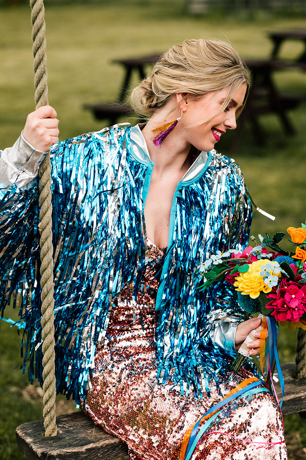 Bride Gold Sequin Dress Blue Tinsel Jacket Yoghurt Rooms Wedding Teddy Pig Photography