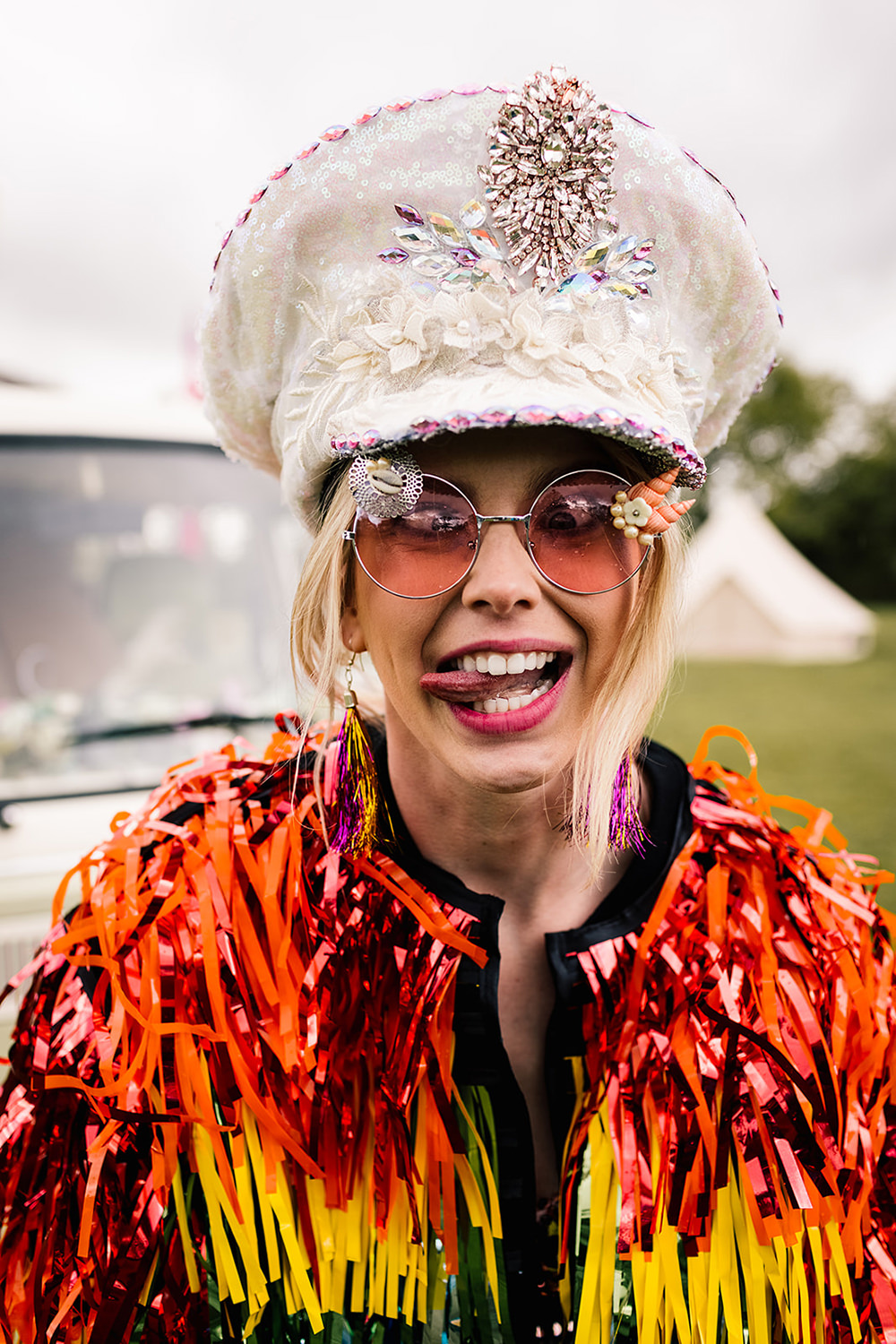 Bride Gold Sequin Dress Rainbow Tinsel Jacket Hat Yoghurt Rooms Wedding Teddy Pig Photography