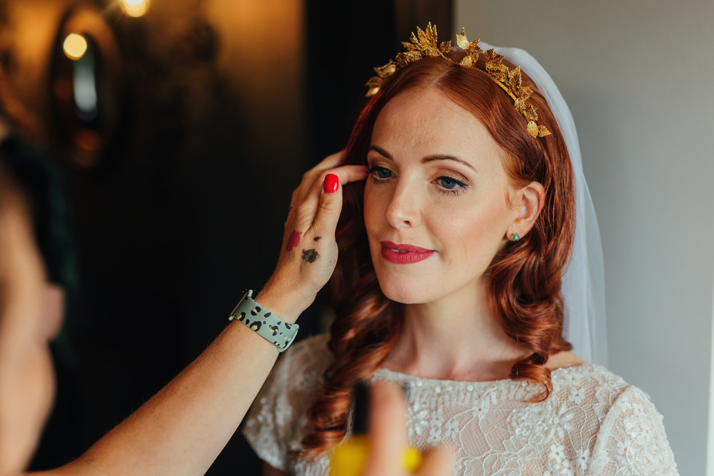 Bride Bridal Make Up Red Hair Gold Crown Veil Yorkshire Woodland Wedding James and Lianne