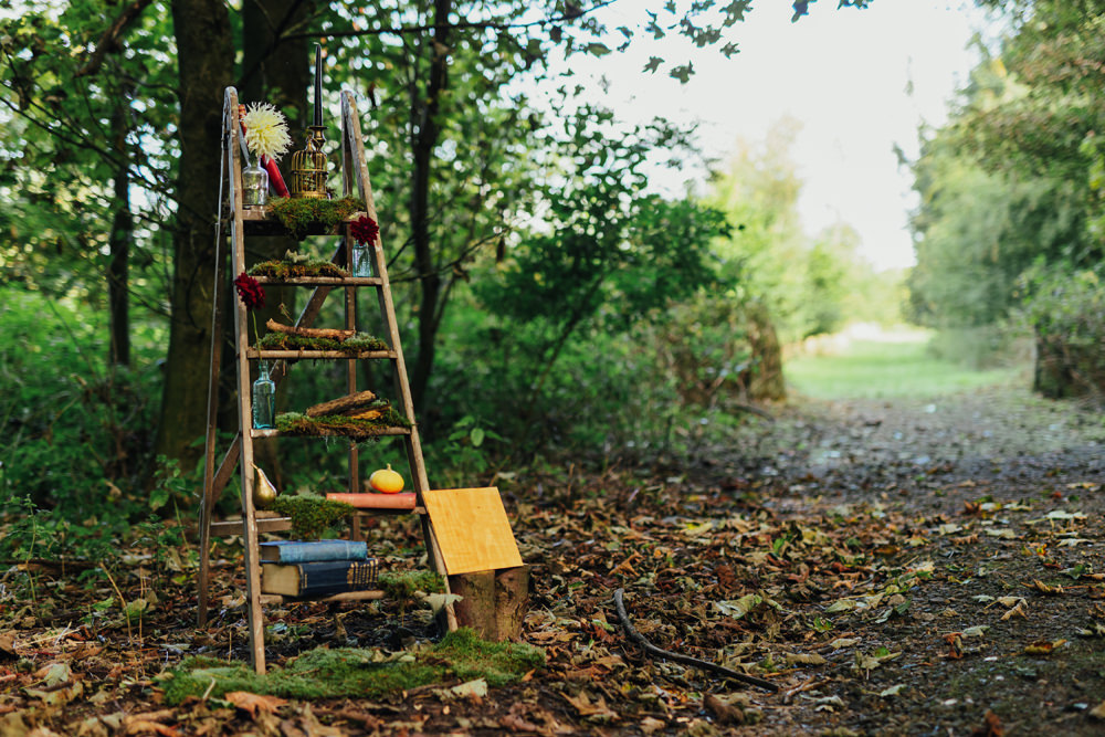 Aisle Ceremony Decor Wooden Ladder Yorkshire Woodland Wedding James and Lianne