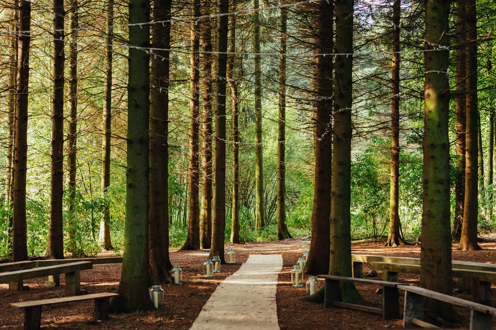 Woodland Aisle Ceremony Candles Yorkshire Woodland Wedding James and Lianne
