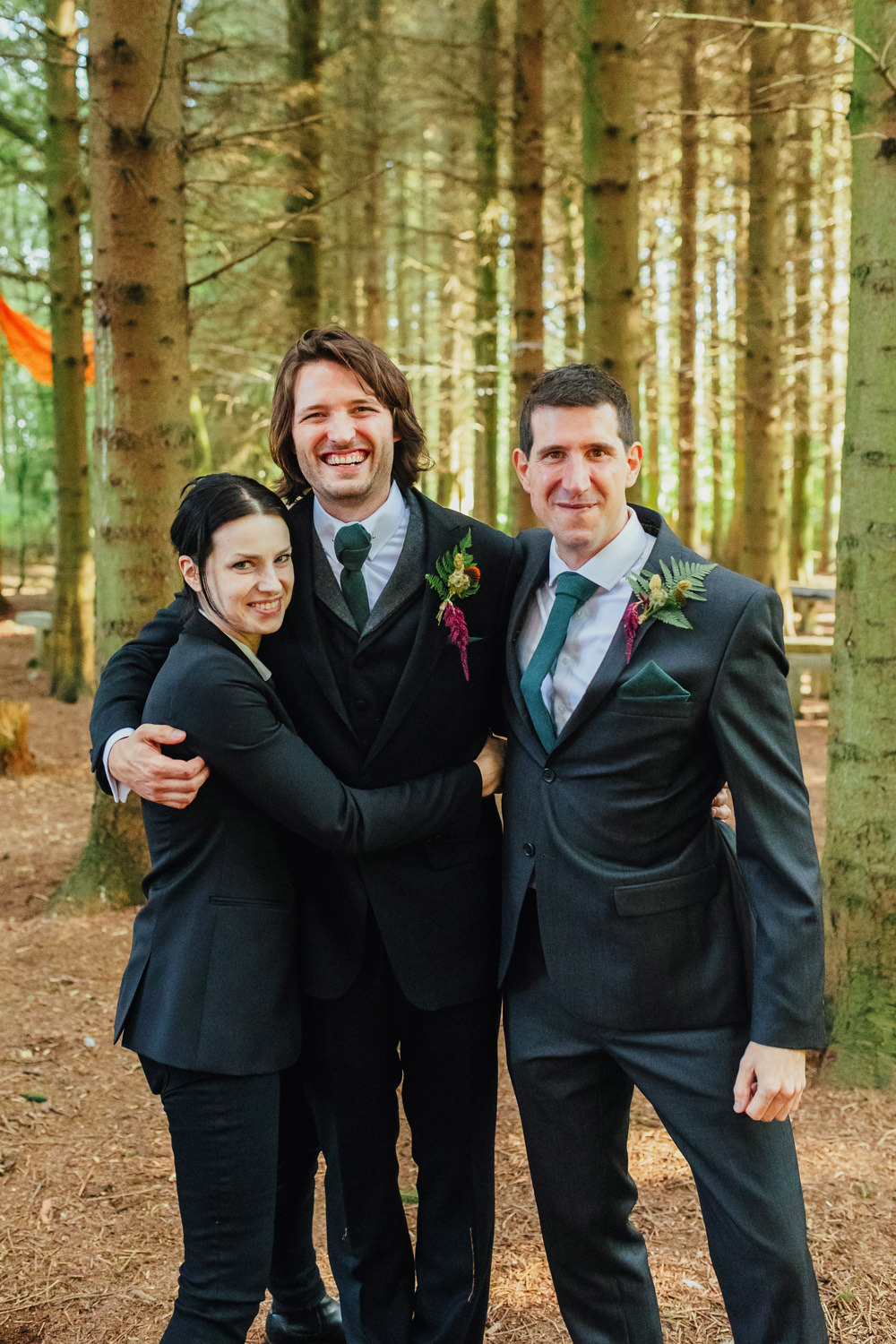 Groom Suit Navy Green Tie Buttonhole Flowers Best Man Best Woman Yorkshire Woodland Wedding James and Lianne