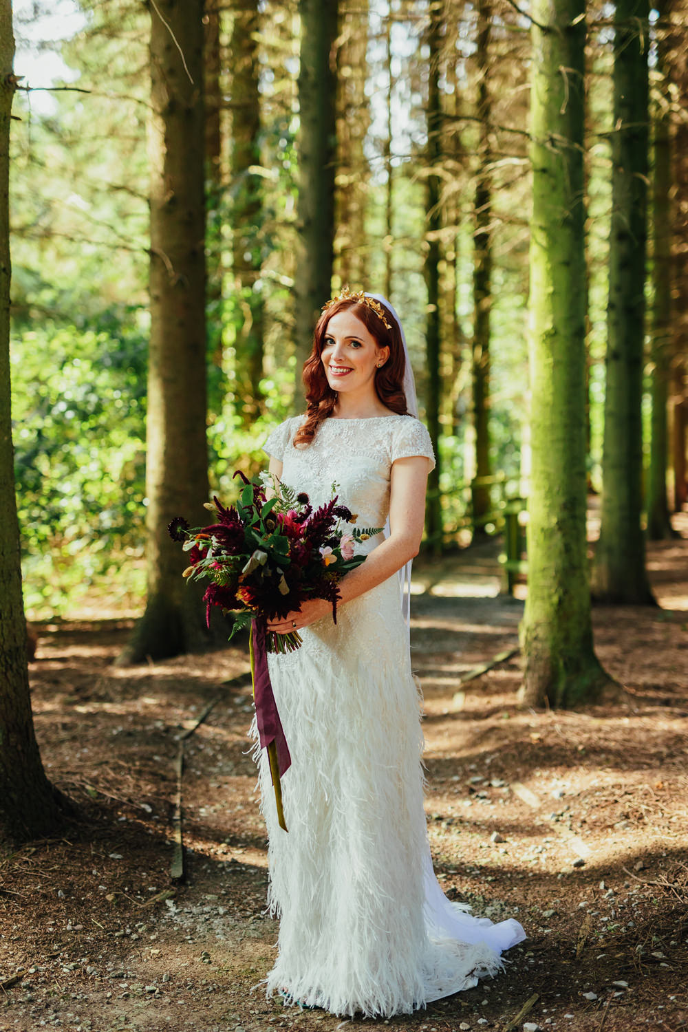 Dress Gown Bride Bridal Tassel Feathers Fringe Vintage 1920s Veil Yorkshire Woodland Wedding James and Lianne