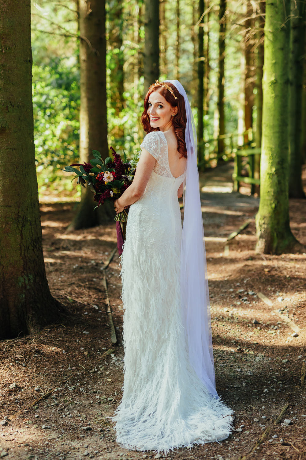 Dress Gown Bride Bridal Tassel Feathers Fringe Vintage 1920s Veil Yorkshire Woodland Wedding James and Lianne