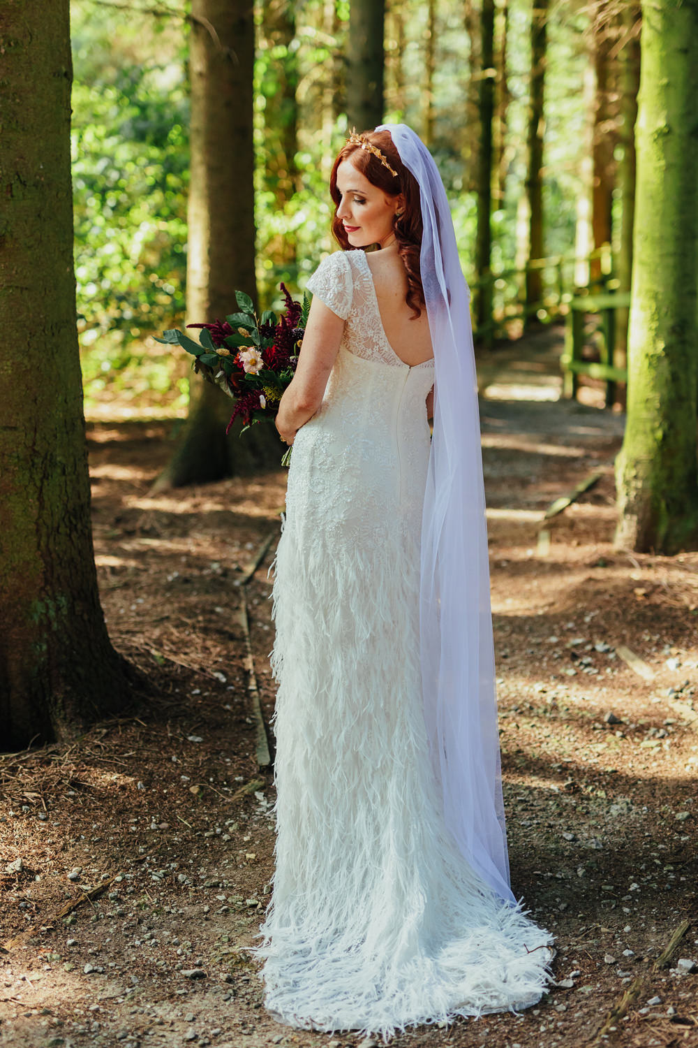 Dress Gown Bride Bridal Feathers Tassel Fringe Vintage 1920s Veil Yorkshire Woodland Wedding James and Lianne