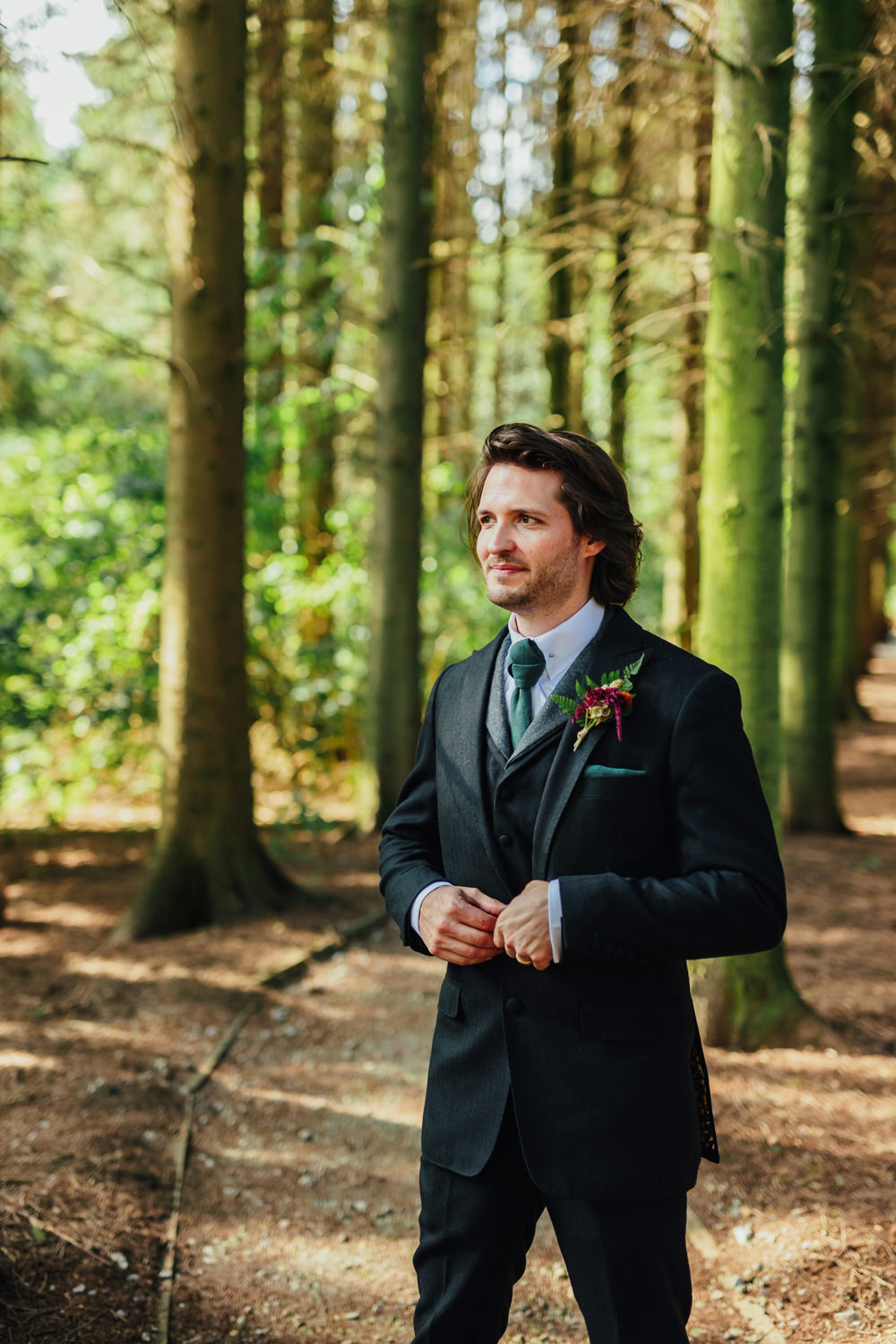 Groom Suit Navy Green Tie Buttonhole Flowers Yorkshire Woodland Wedding James and Lianne