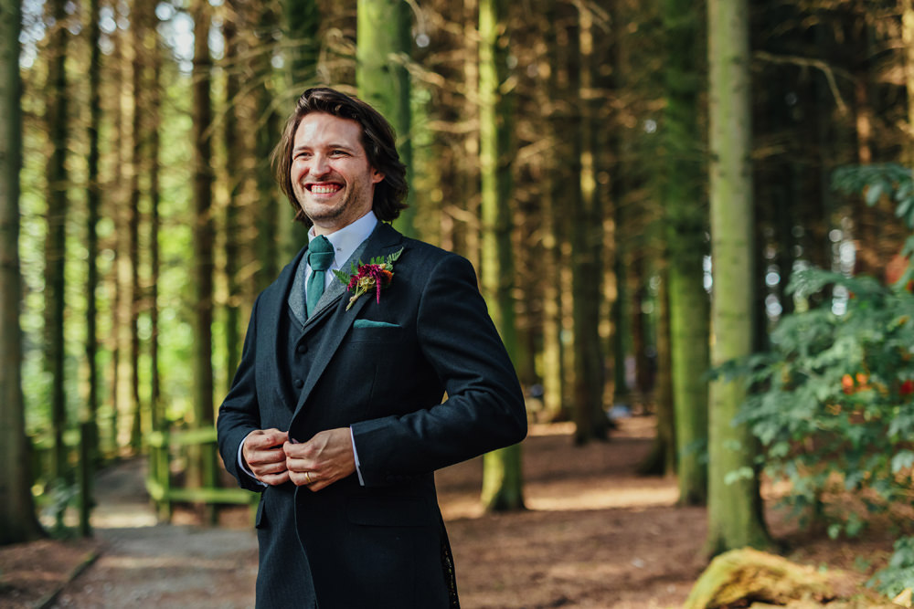 Groom Suit Navy Green Tie Buttonhole Flowers Yorkshire Woodland Wedding James and Lianne