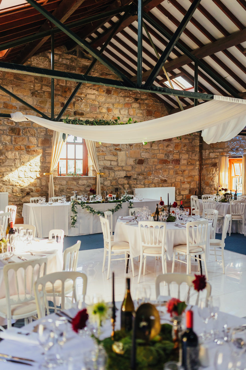 Barn Reception Decor Drapes Fabric Yorkshire Woodland Wedding James and Lianne