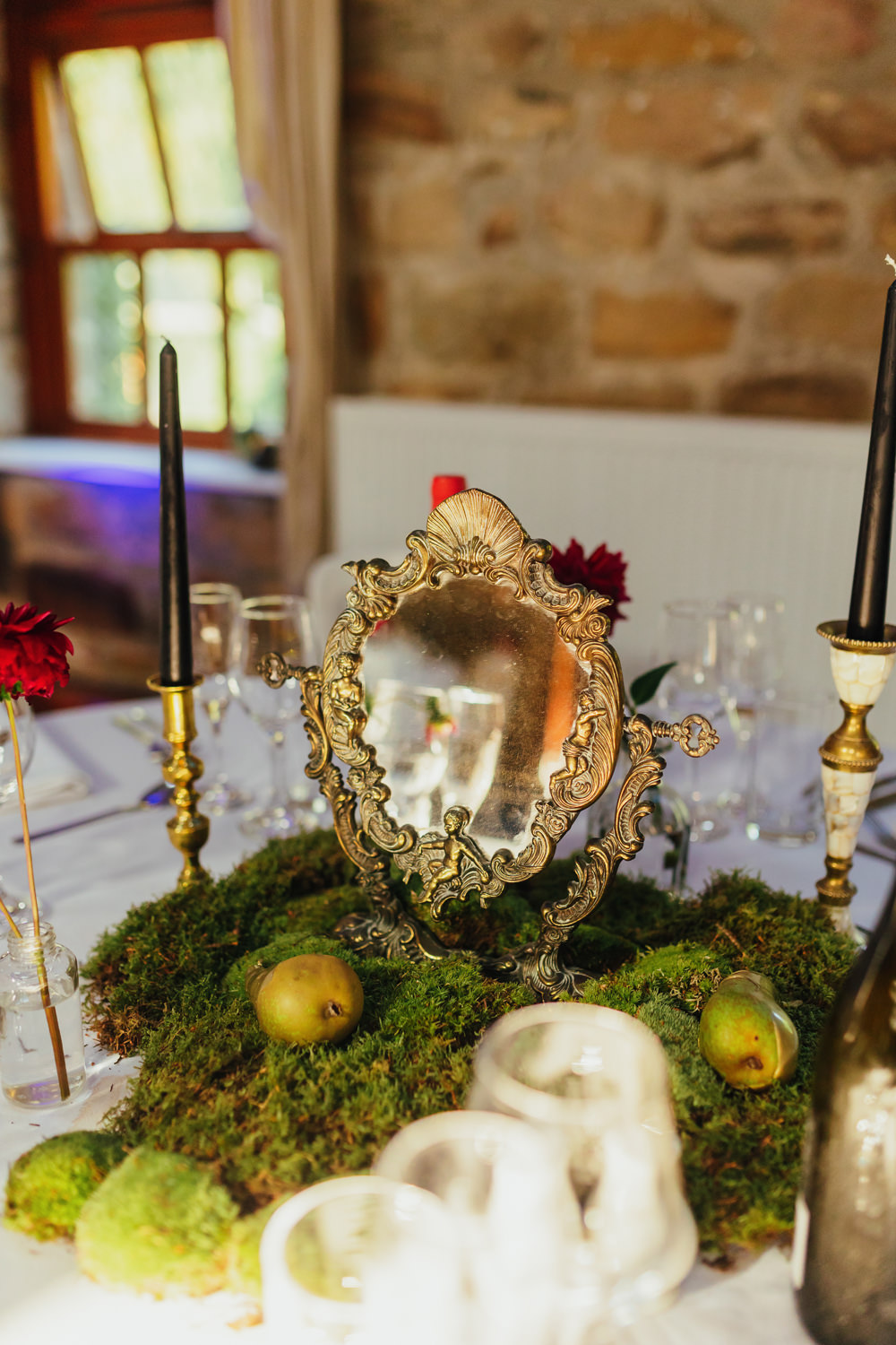 Fairytale Centrepiece Table Decor Moss Candlesticks Gold Mirror Yorkshire Woodland Wedding James and Lianne