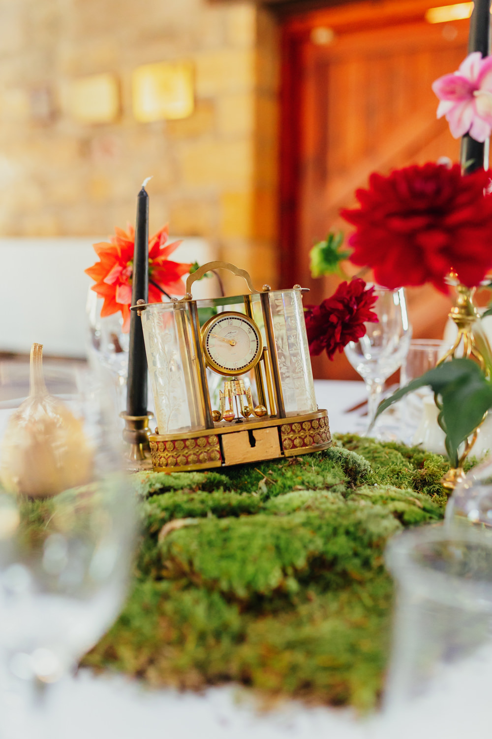 Fairytale Centrepiece Table Decor Moss Candlesticks Gold Clock Yorkshire Woodland Wedding James and Lianne