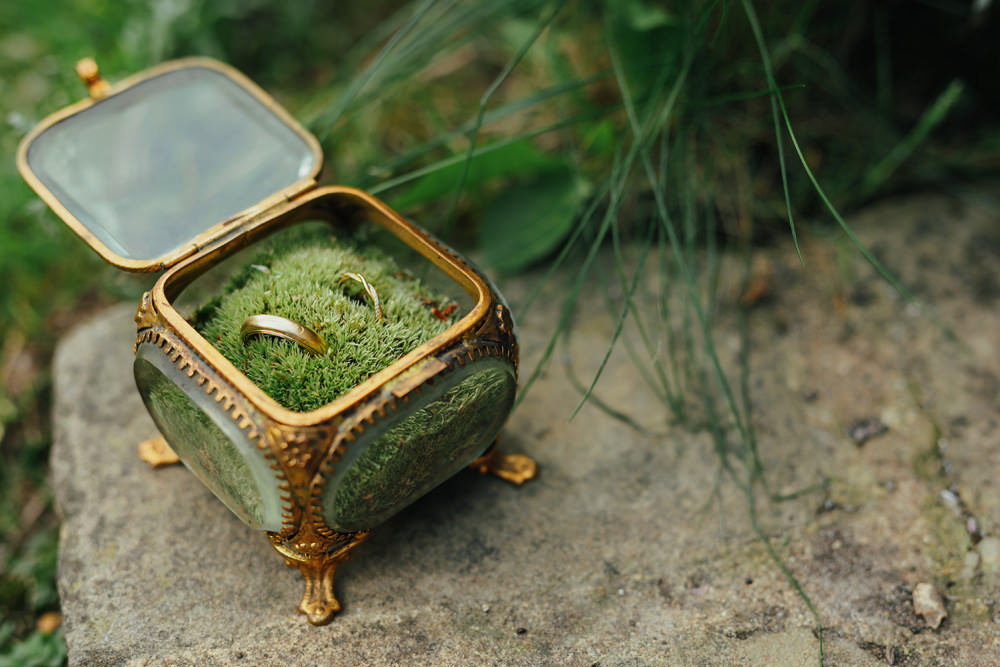 Gold Ring Box Moss Yorkshire Woodland Wedding James and Lianne